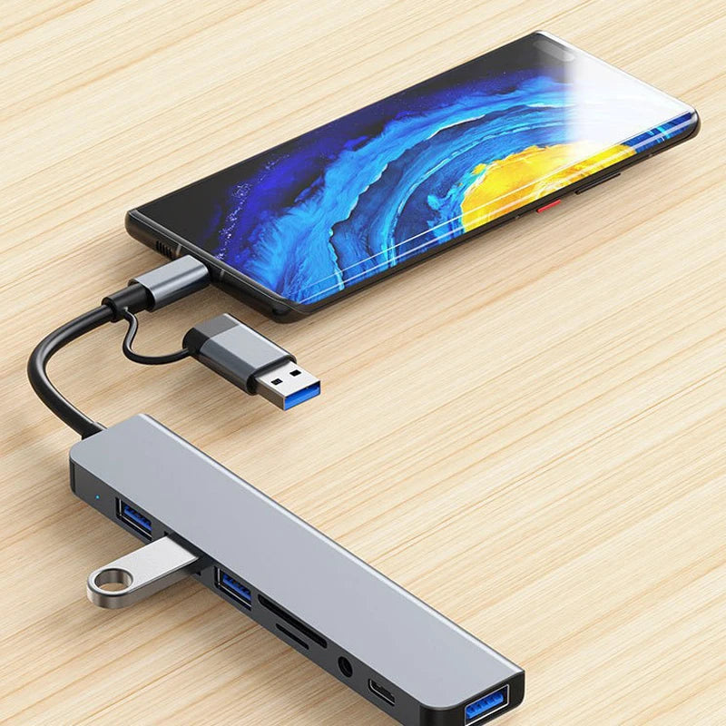 8-in-1 USB-C Hub Adapter | HDMI, USB 3.0, SD/TF Card Reader, 3.5mm Audio & USB-C Dock for Laptop, MacBook, Tablet & Phone