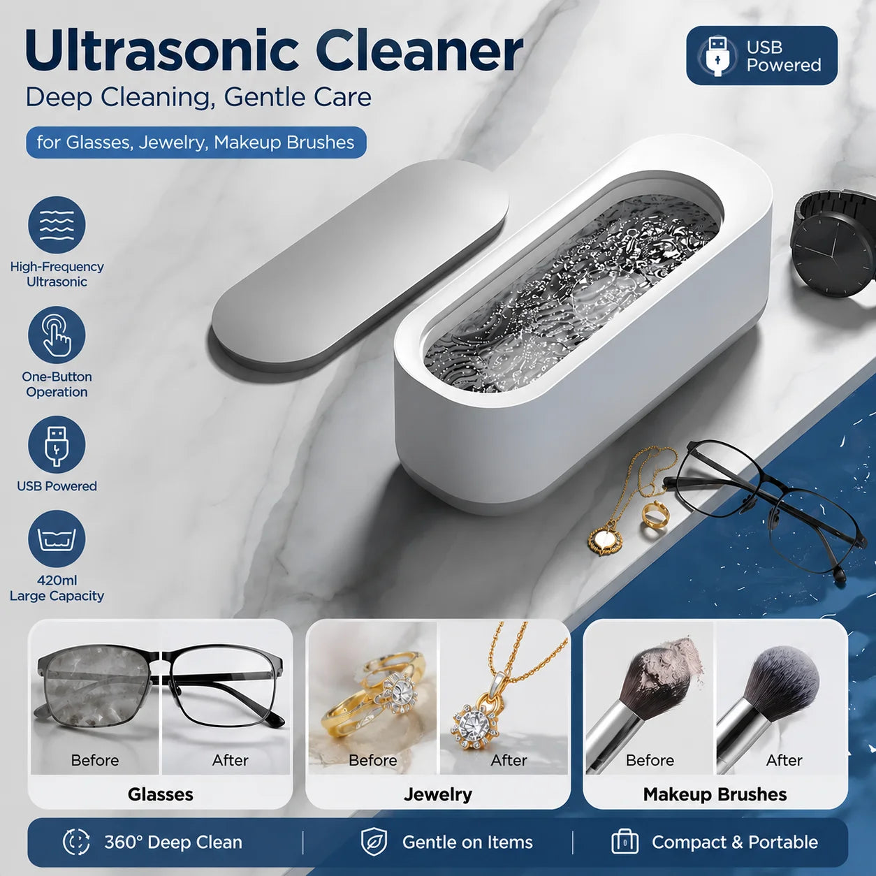 Ultrasonic Jewelry & Glasses Cleaner Machine | Professional Cleaner for Rings, Watches, Makeup Brushes, Coins & Eyeglasses