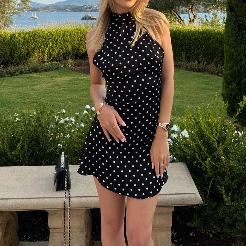 SUCHCUTE Women's Polka Dot Halter Mini Dress | Backless Sleeveless Summer Party & Vacation Dress