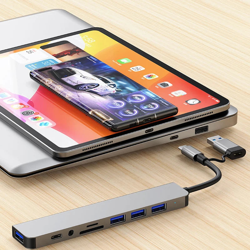 8-in-1 USB-C Hub Adapter | HDMI, USB 3.0, SD/TF Card Reader, 3.5mm Audio & USB-C Dock for Laptop, MacBook, Tablet & Phone
