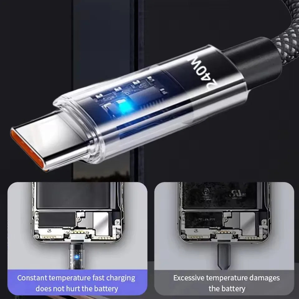 240W Super Fast Charging Cable with LED Power Display — Braided Nylon USB-C Cable for Samsung, iPhone 15/16, iPad, MacBook & More