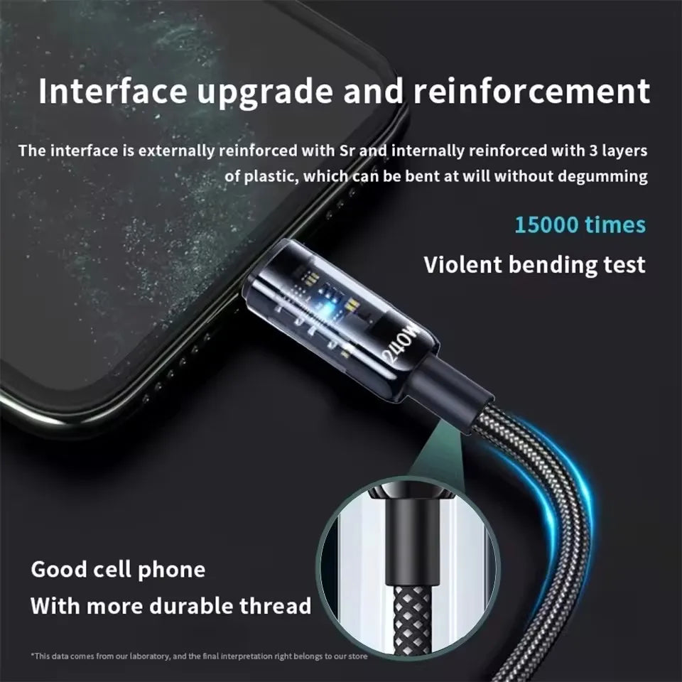 240W Super Fast Charging Cable with LED Power Display — Braided Nylon USB-C Cable for Samsung, iPhone 15/16, iPad, MacBook & More