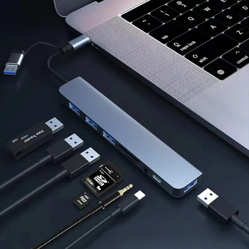 8-in-1 USB-C Hub Adapter | HDMI, USB 3.0, SD/TF Card Reader, 3.5mm Audio & USB-C Dock for Laptop, MacBook, Tablet & Phone