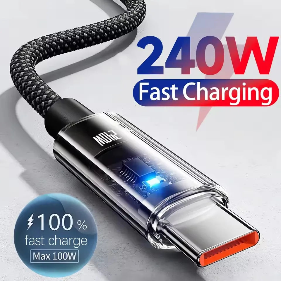 240W Super Fast Charging Cable with LED Power Display — Braided Nylon USB-C Cable for Samsung, iPhone 15/16, iPad, MacBook & More