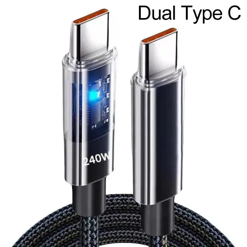 240W Super Fast Charging Cable with LED Power Display — Braided Nylon USB-C Cable for Samsung, iPhone 15/16, iPad, MacBook & More