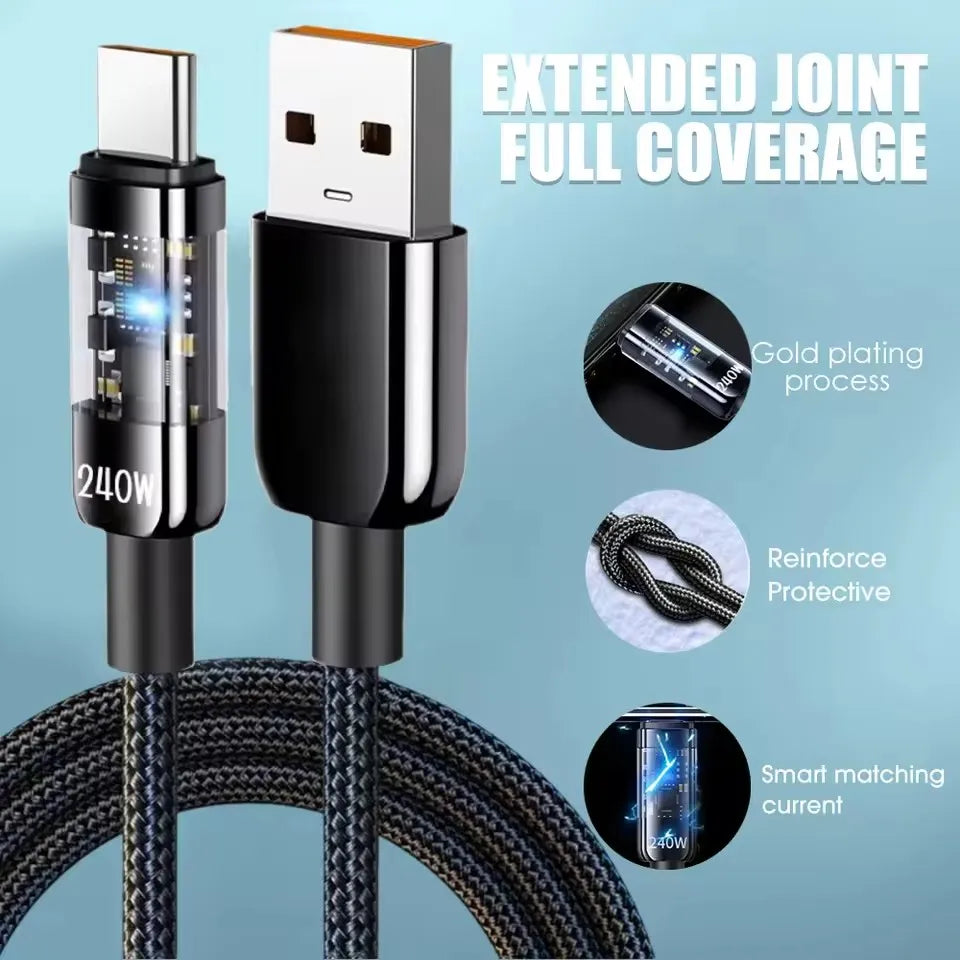 240W Super Fast Charging Cable with LED Power Display — Braided Nylon USB-C Cable for Samsung, iPhone 15/16, iPad, MacBook & More