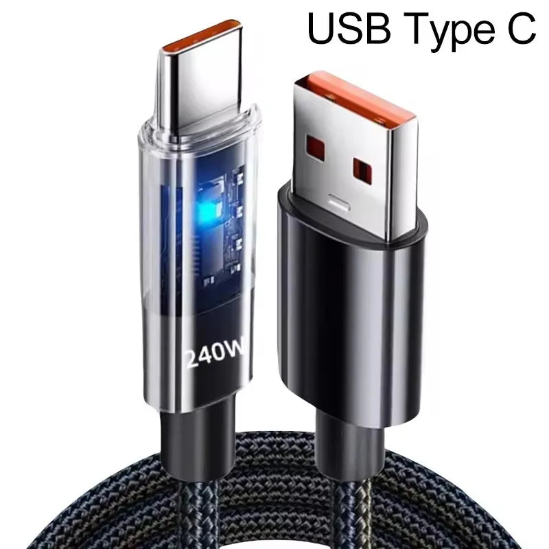 240W Super Fast Charging Cable with LED Power Display — Braided Nylon USB-C Cable for Samsung, iPhone 15/16, iPad, MacBook & More