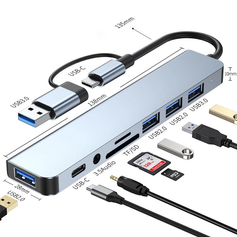 8-in-1 USB-C Hub Adapter | HDMI, USB 3.0, SD/TF Card Reader, 3.5mm Audio & USB-C Dock for Laptop, MacBook, Tablet & Phone